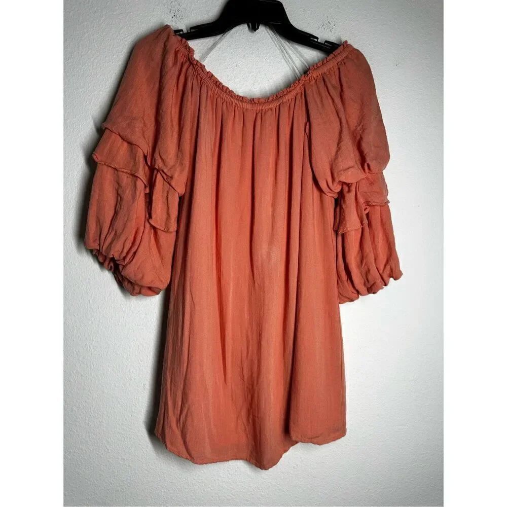 ENTRO BOHO OFF SHOULDER RUFFLE SLEEVED WOMAN'S DRESS CORAL LINED SIZE L
